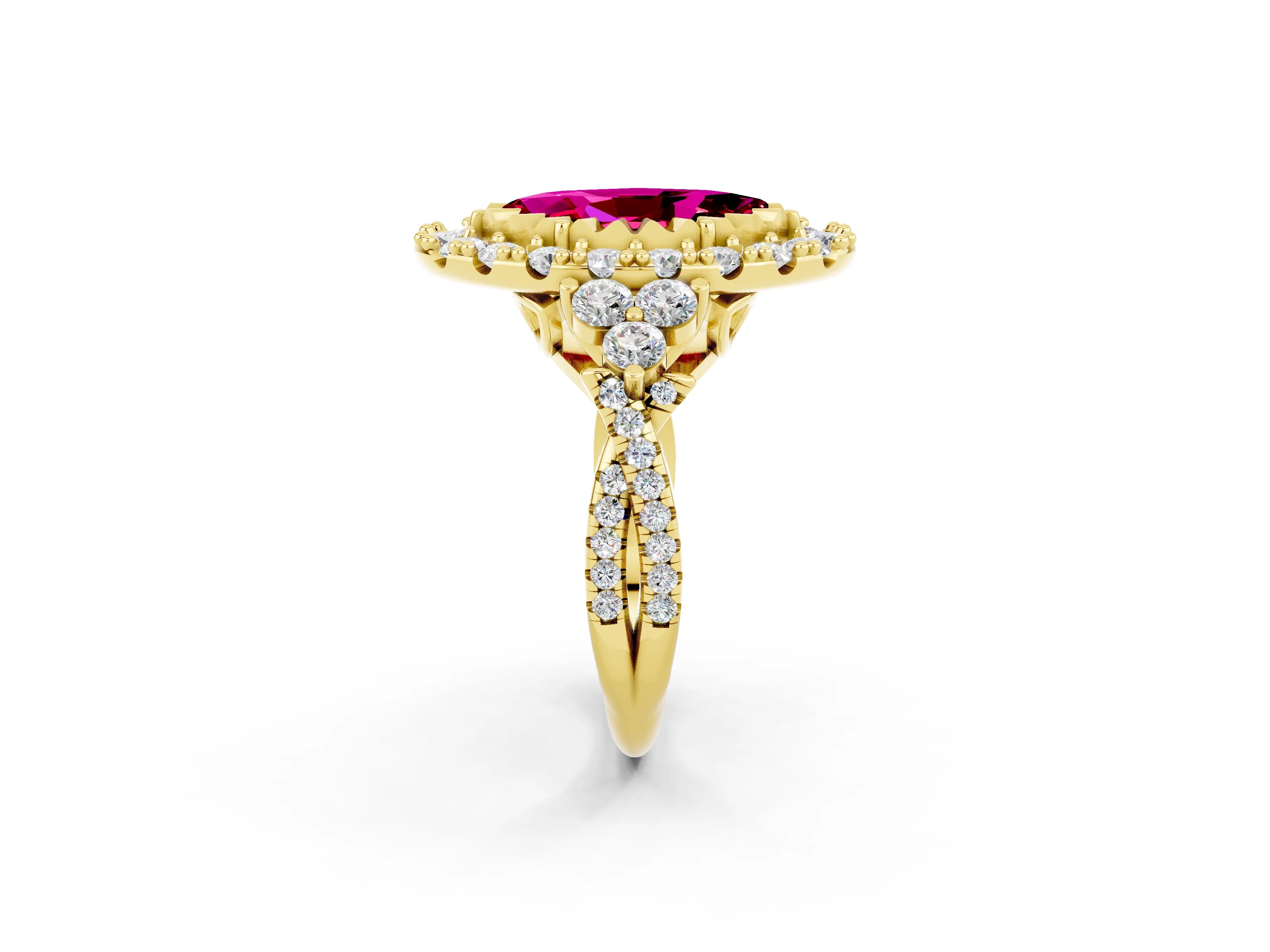 Yellow gold Marquise Cut Garnet Halo Ring with Pavé Band and Four-Prong Setting_14