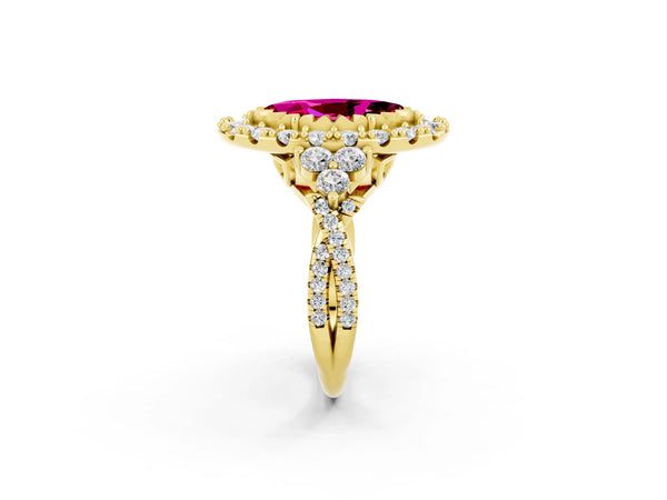 Yellow gold Marquise Cut Garnet Halo Ring with Pavé Band and Four-Prong Setting