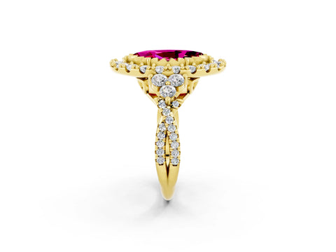 Yellow gold Marquise Cut Garnet Halo Ring with Pavé Band and Four-Prong Setting_14