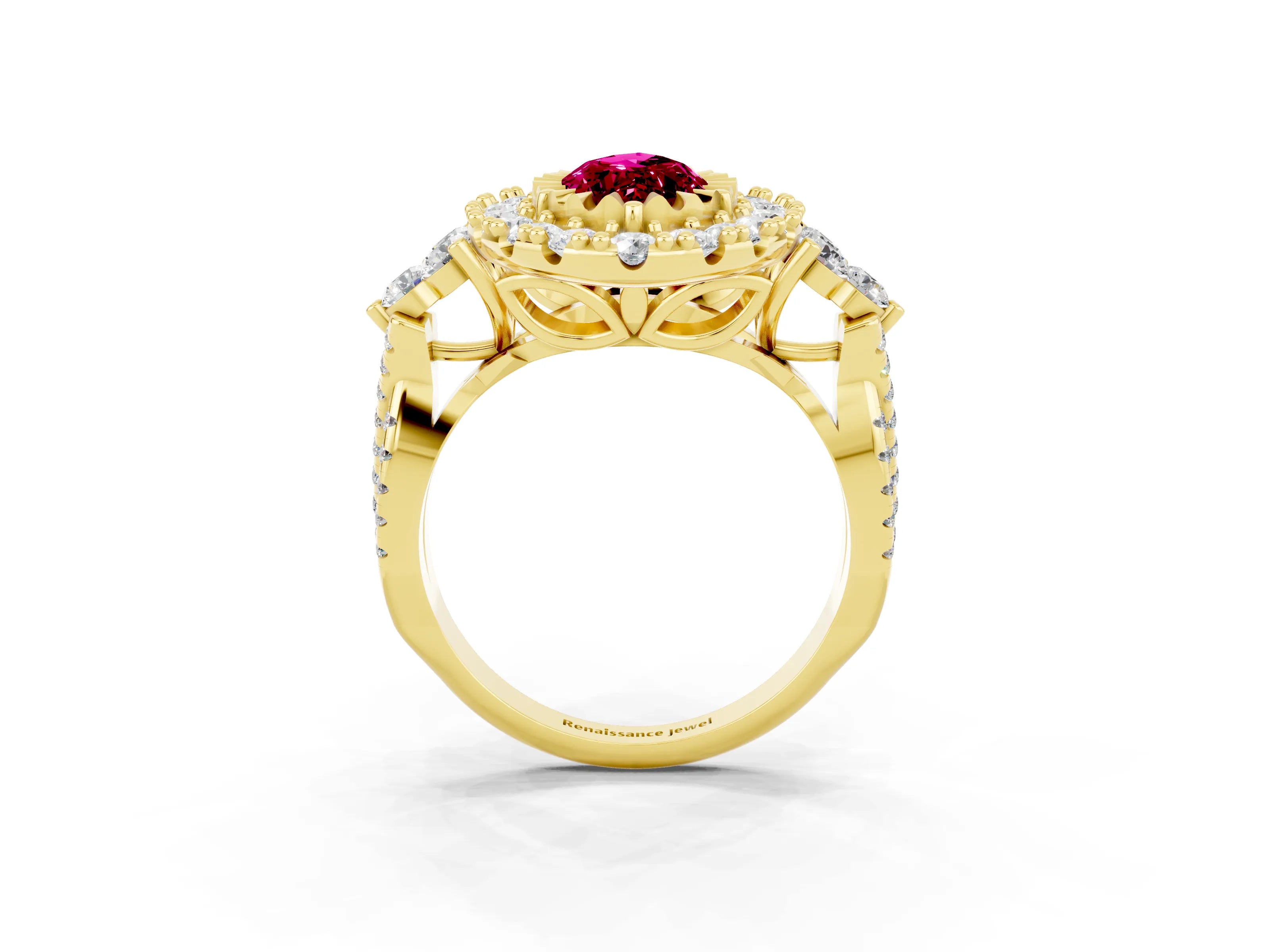 Yellow gold Marquise Cut Garnet Halo Ring with Pavé Band and Four-Prong Setting_15