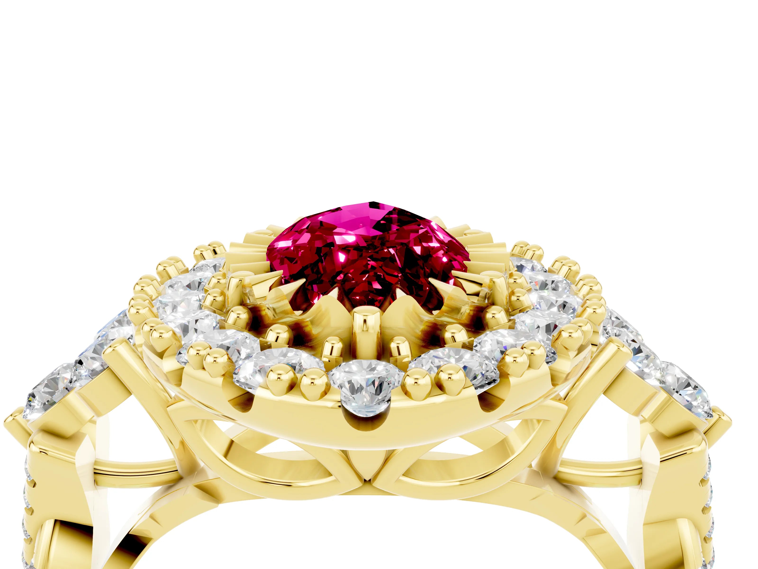 Yellow gold Marquise Cut Garnet Halo Ring with Pavé Band and Four-Prong Setting_16