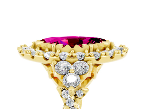 Yellow gold Marquise Cut Garnet Halo Ring with Pavé Band and Four-Prong Setting_17