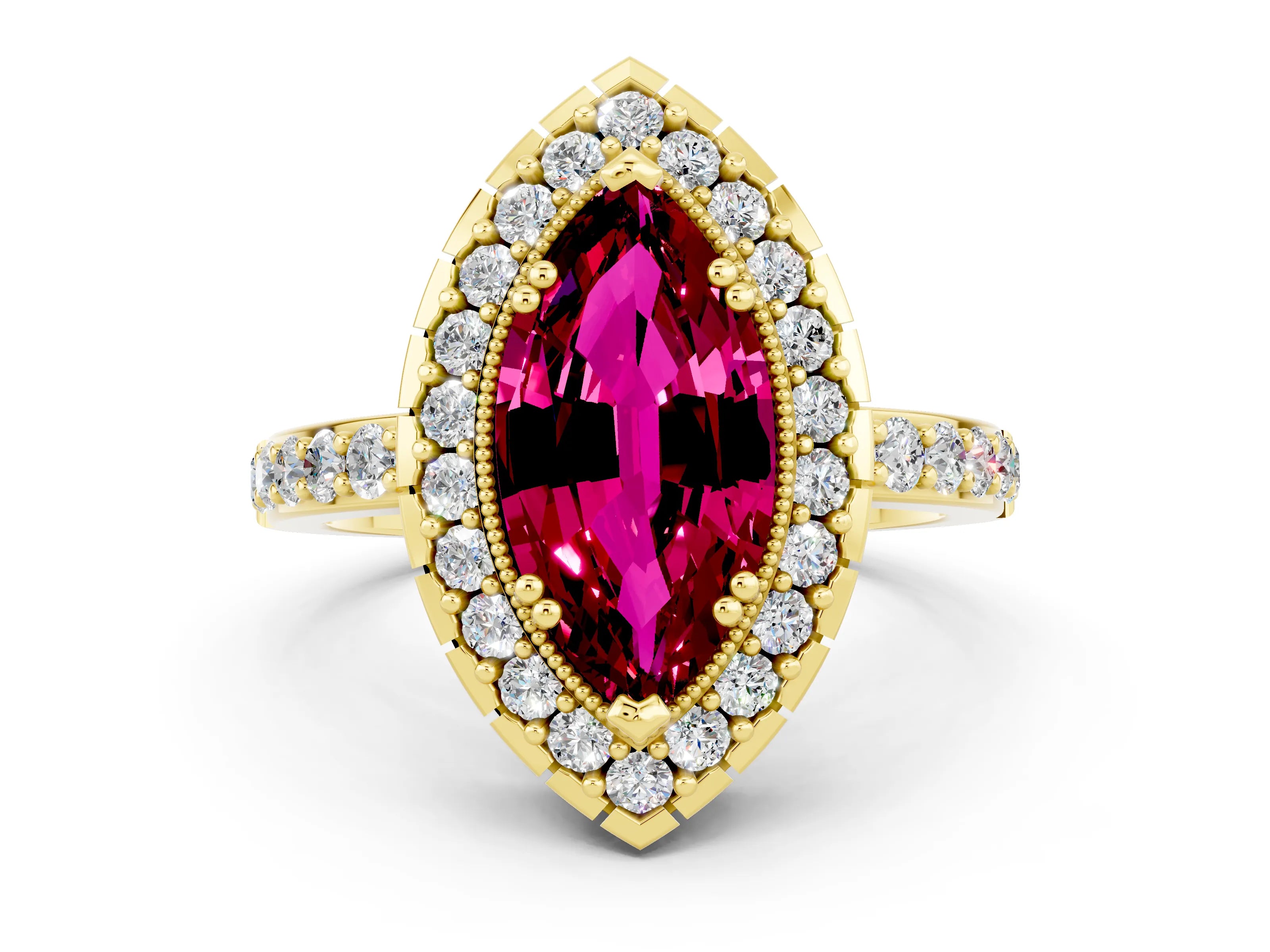 Yellow gold Marquise Cut Garnet Halo Ring with Pavé Band and Prong Setting