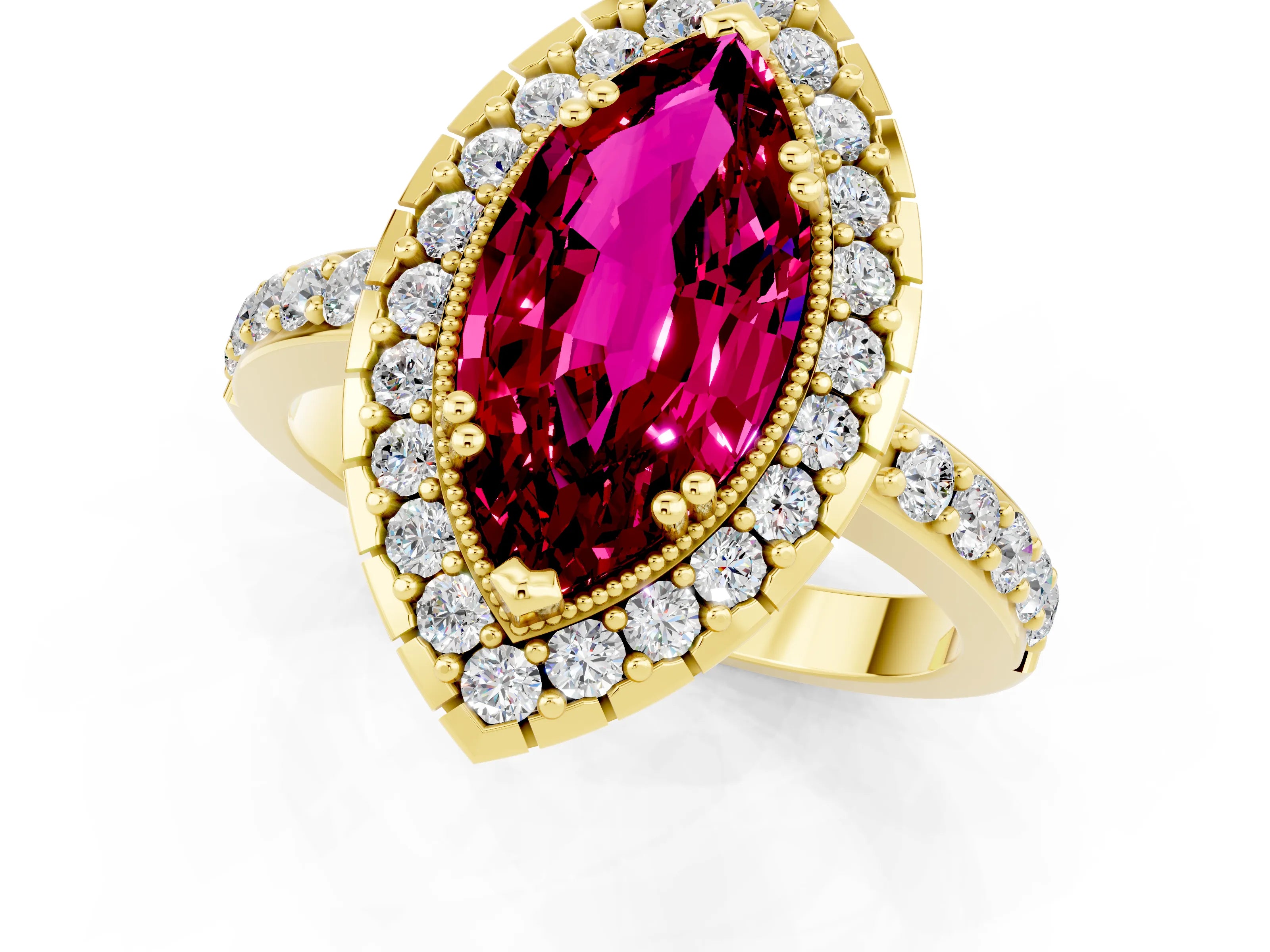 Yellow gold Marquise Cut Garnet Halo Ring with Pavé Band and Prong Setting_1