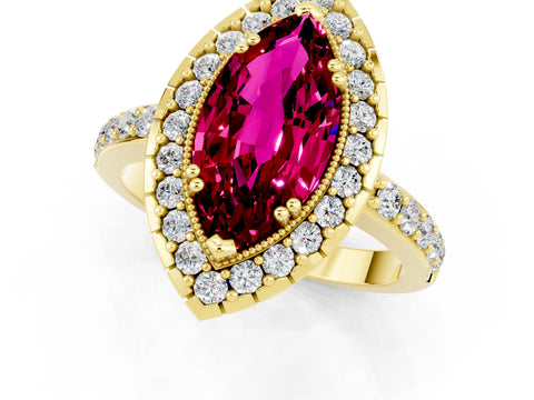 Yellow gold Marquise Cut Garnet Halo Ring with Pavé Band and Prong Setting_1