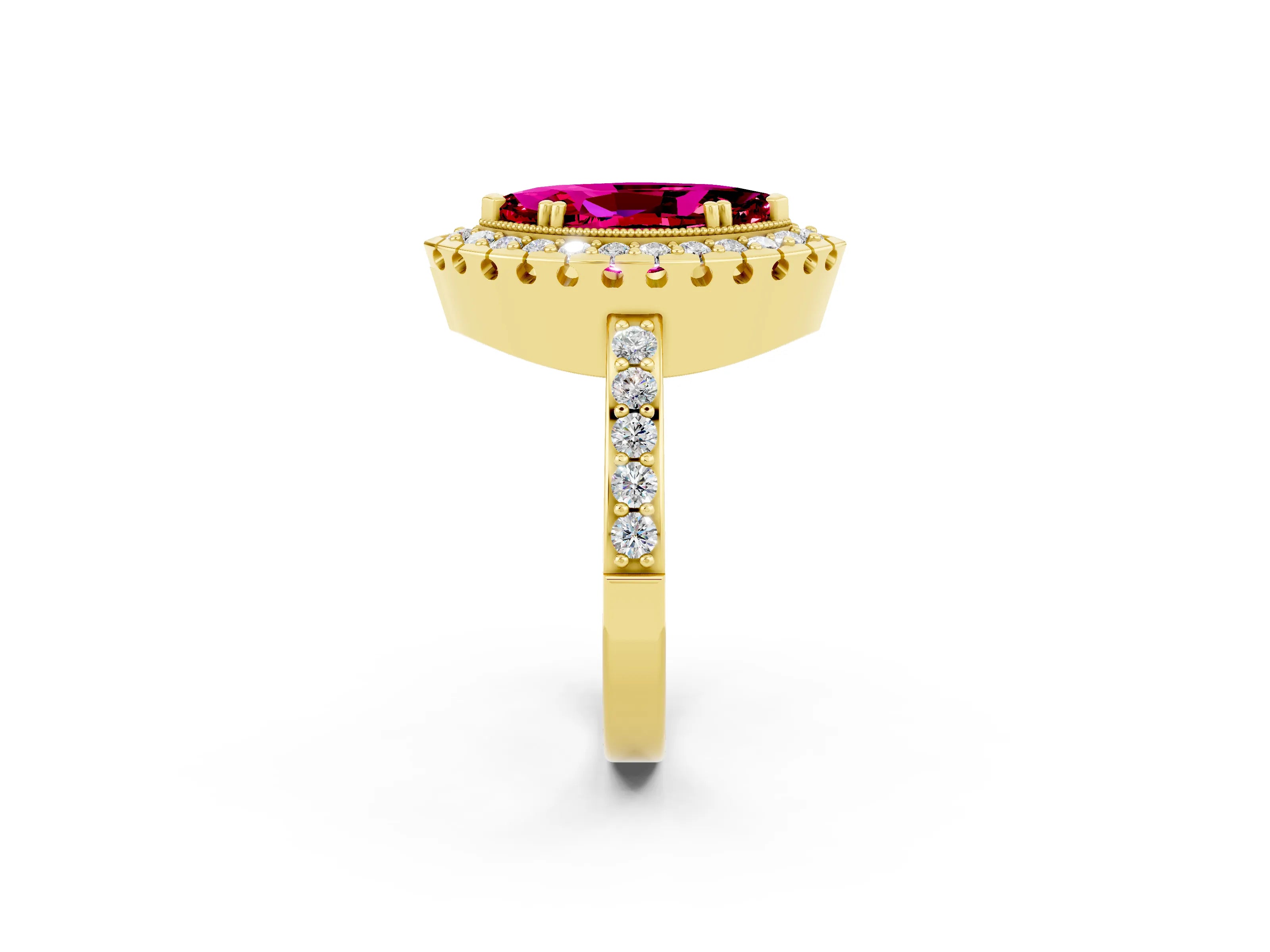 Yellow gold Marquise Cut Garnet Halo Ring with Pavé Band and Prong Setting_2
