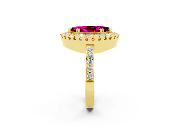 Yellow gold Marquise Cut Garnet Halo Ring with Pavé Band and Prong Setting