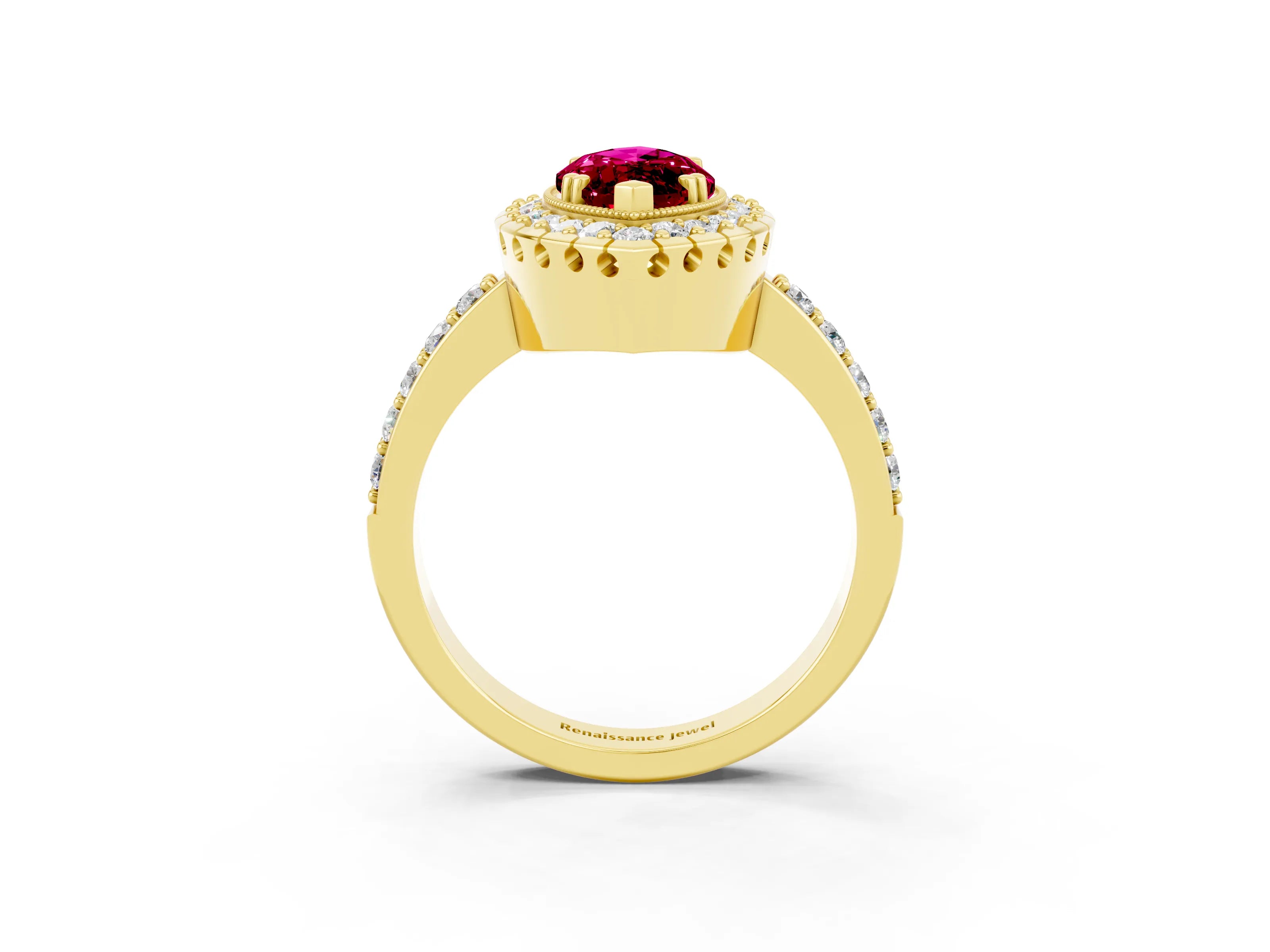 Yellow gold Marquise Cut Garnet Halo Ring with Pavé Band and Prong Setting_3