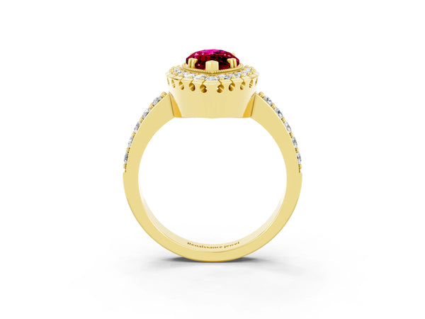 Yellow gold Marquise Cut Garnet Halo Ring with Pavé Band and Prong Setting