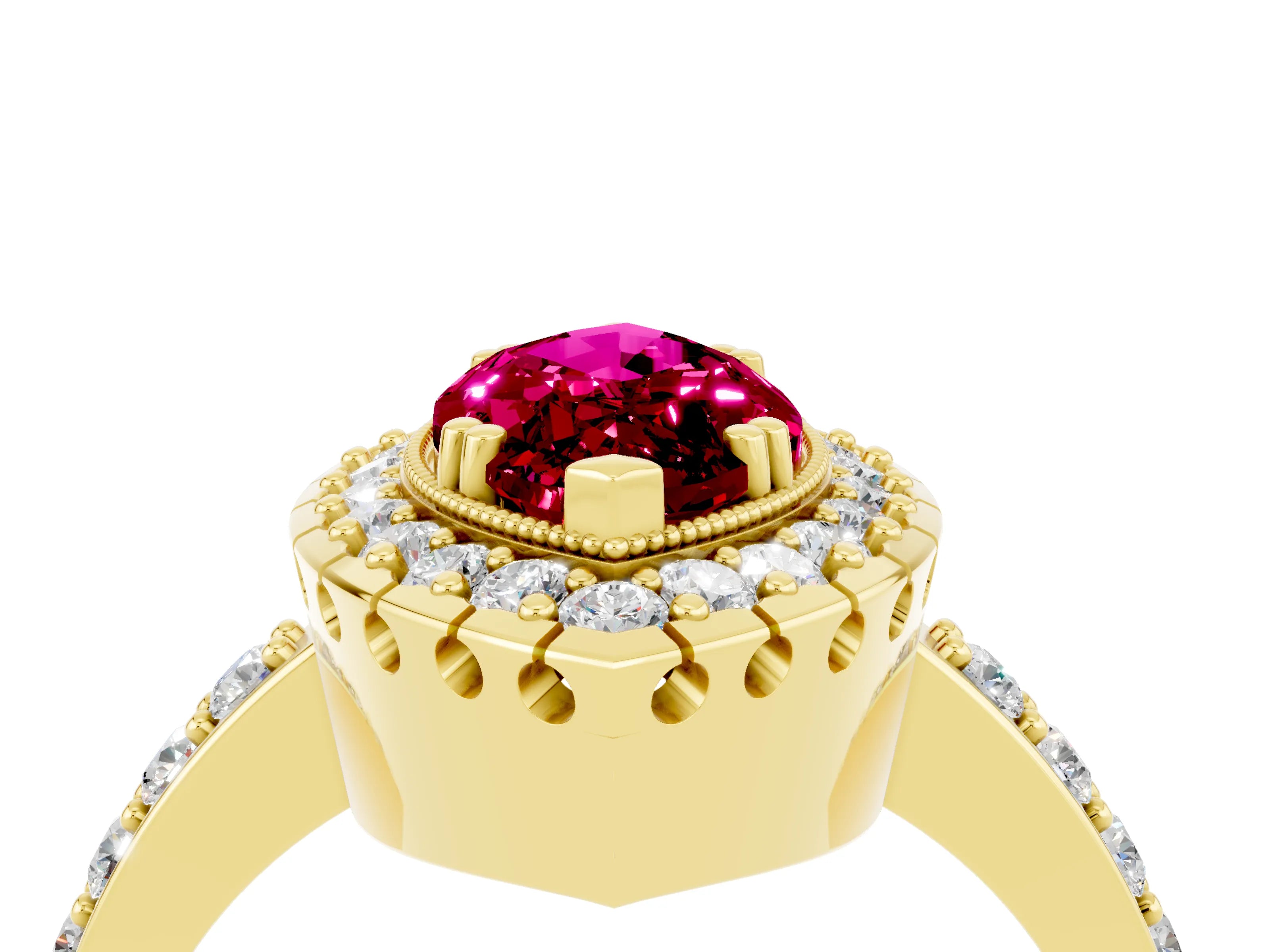 Yellow gold Marquise Cut Garnet Halo Ring with Pavé Band and Prong Setting_4