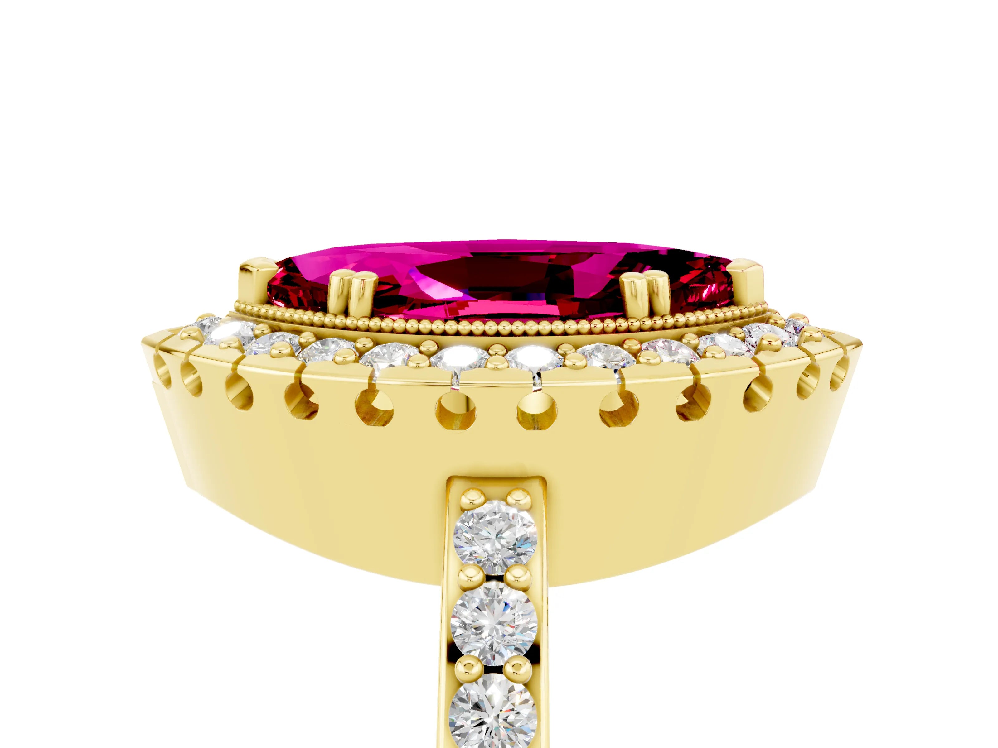 Yellow gold Marquise Cut Garnet Halo Ring with Pavé Band and Prong Setting_5