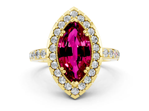 Yellow gold Marquise Cut Garnet Halo Ring with Pavé Band and Prong Setting