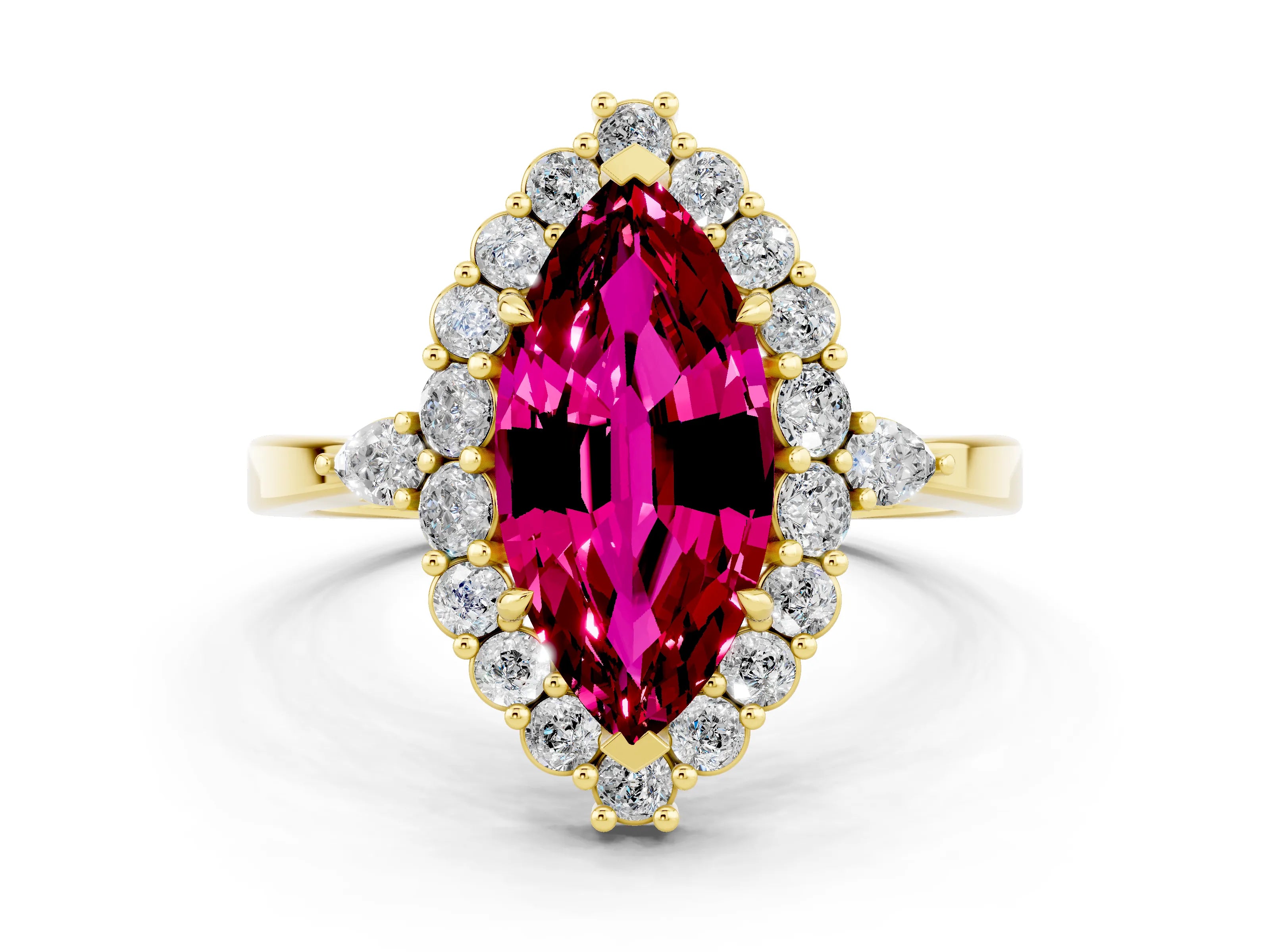 Yellow gold Marquise Cut Garnet Halo Ring with Pear Side Stones and Prong Setting_12