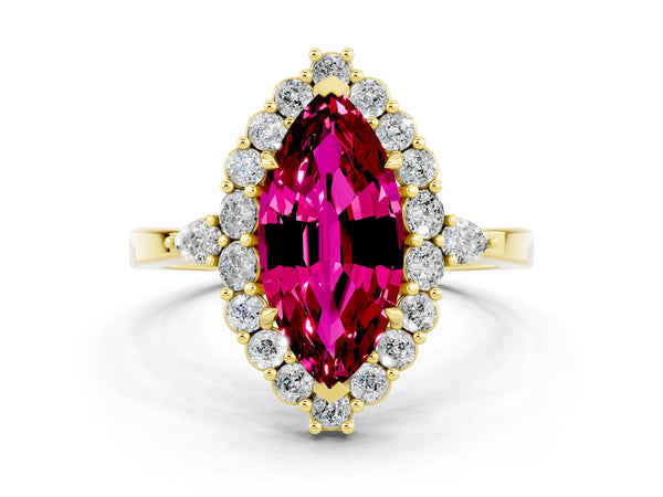 Yellow gold Marquise Cut Garnet Halo Ring with Pear Side Stones and Prong Setting