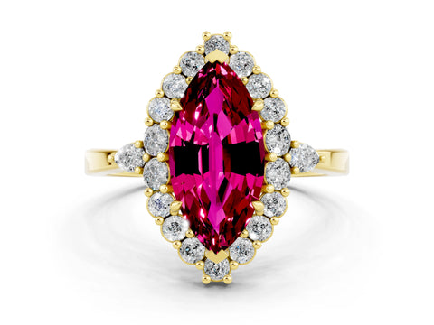 Yellow gold Marquise Cut Garnet Halo Ring with Pear Side Stones and Prong Setting_12
