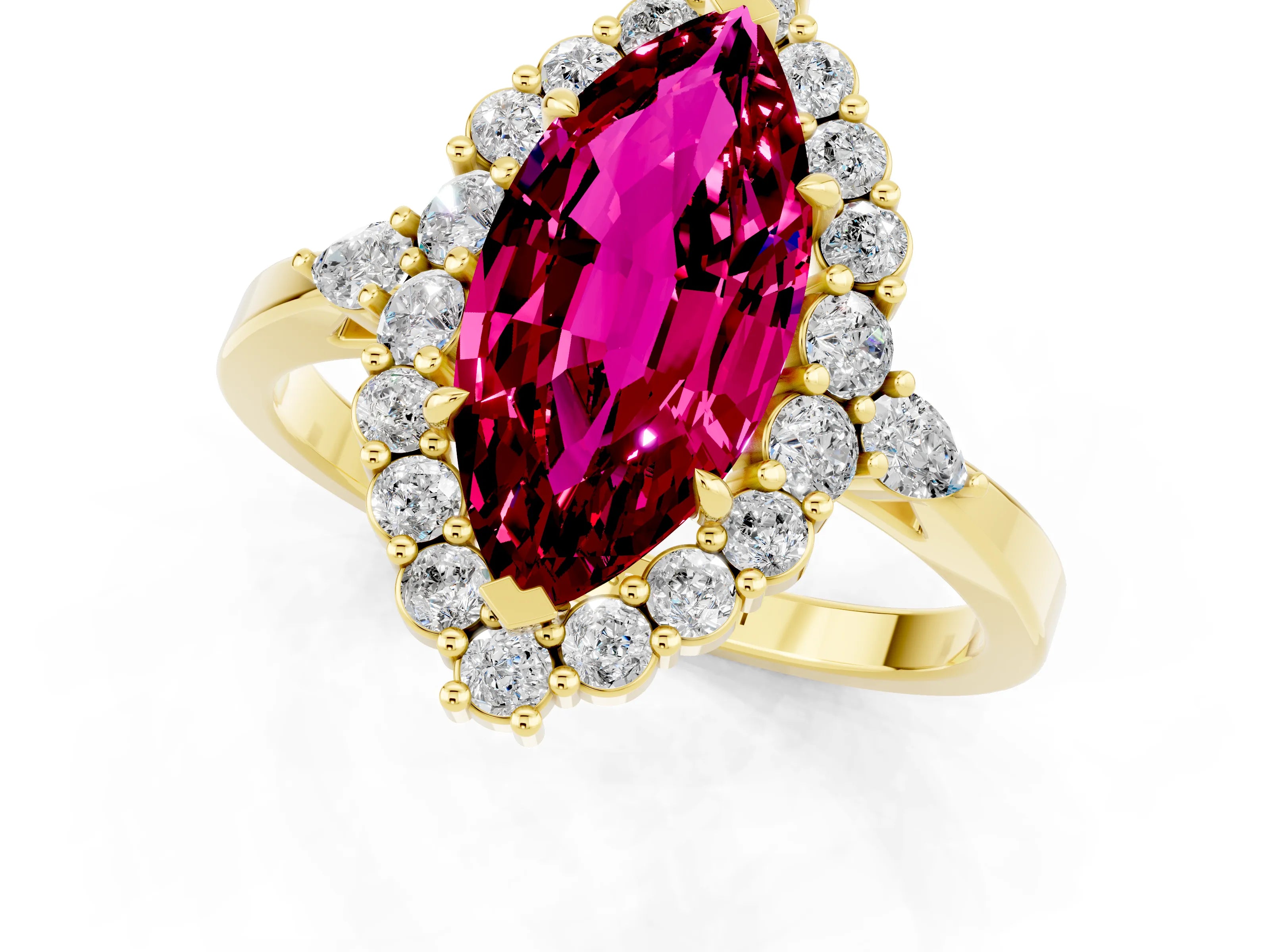 Yellow gold Marquise Cut Garnet Halo Ring with Pear Side Stones and Prong Setting_13