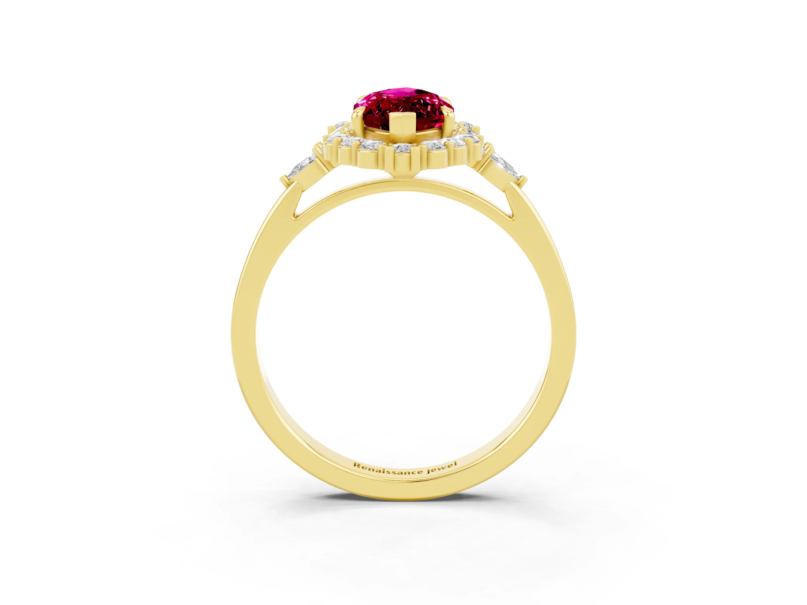 Yellow gold Marquise Cut Garnet Halo Ring with Pear Side Stones and Prong Setting_15