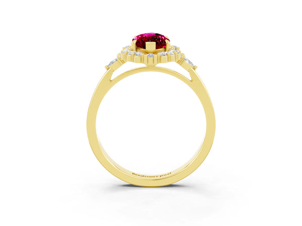 Yellow gold Marquise Cut Garnet Halo Ring with Pear Side Stones and Prong Setting