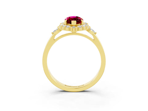 Yellow gold Marquise Cut Garnet Halo Ring with Pear Side Stones and Prong Setting_15
