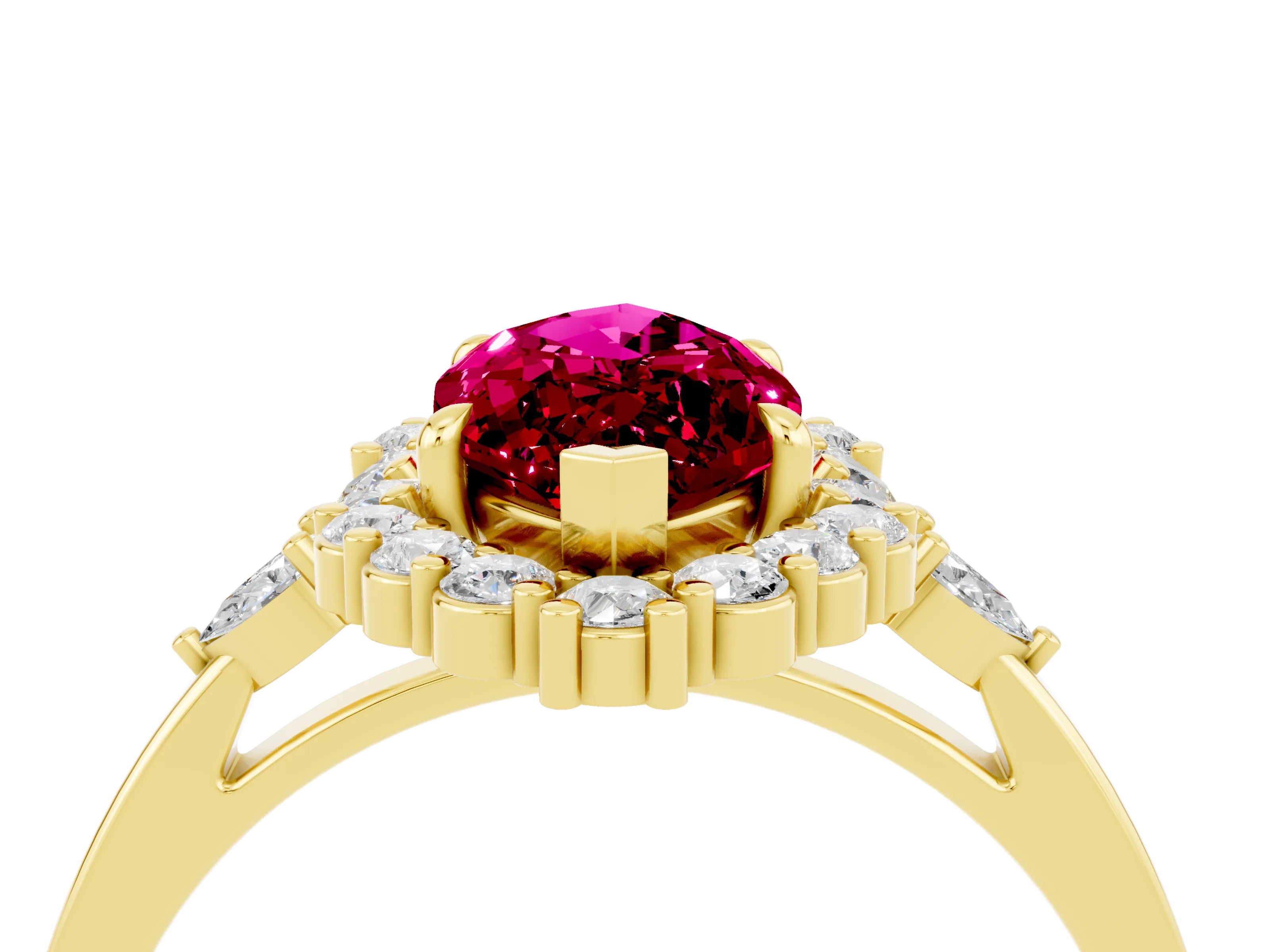 Yellow gold Marquise Cut Garnet Halo Ring with Pear Side Stones and Prong Setting_16