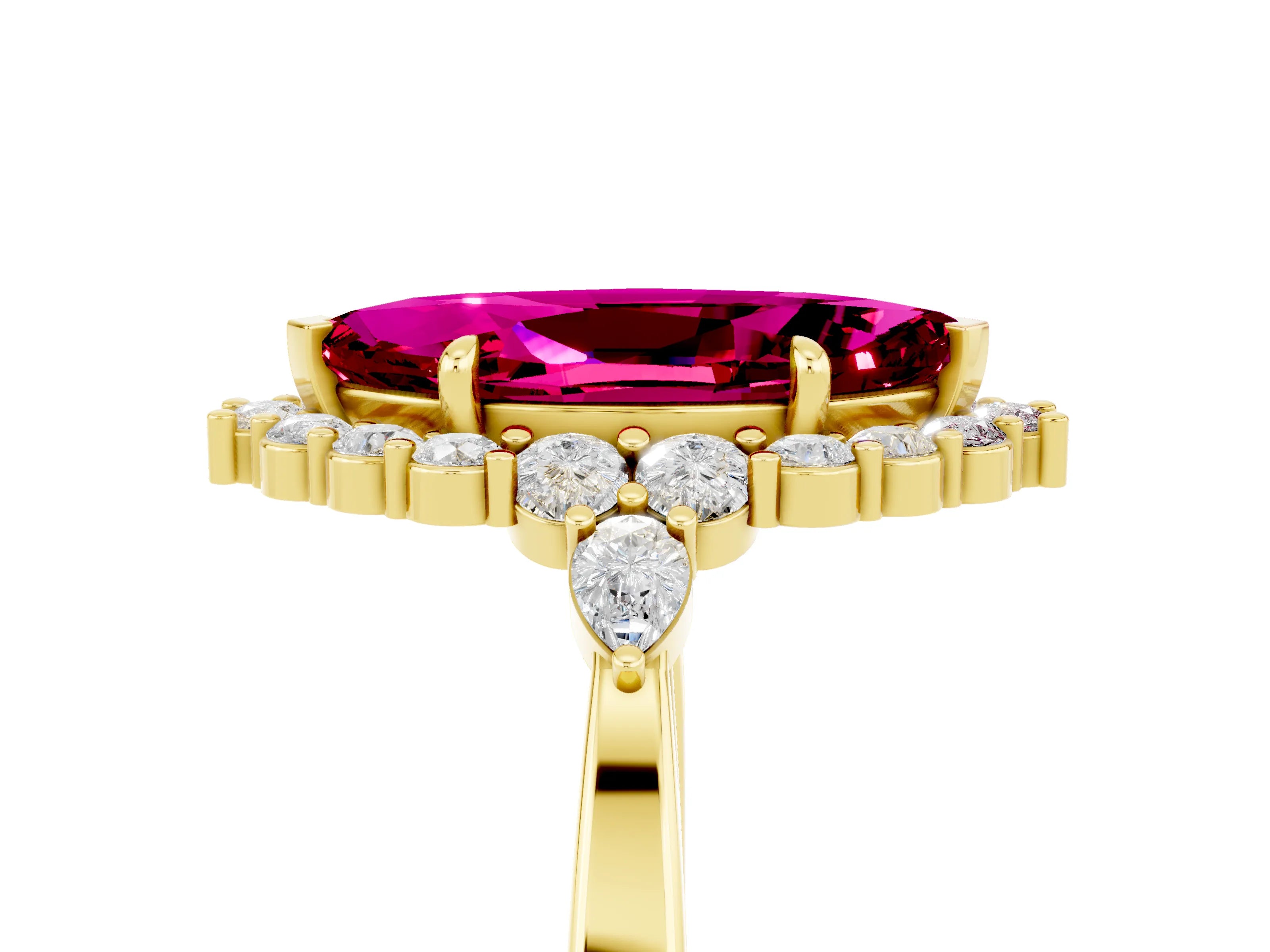 Yellow gold Marquise Cut Garnet Halo Ring with Pear Side Stones and Prong Setting_17