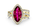 Yellow gold Marquise Cut Garnet Halo Ring with Round Split Shank and Prong Setting_64
