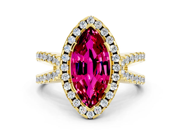 Yellow gold Marquise Cut Garnet Halo Ring with Split Shank Pavé Band and Prong Setting