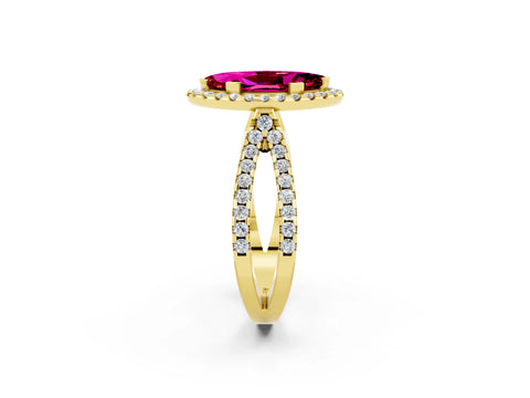 Yellow gold Marquise Cut Garnet Halo Ring with Split Shank Pavé Band and Prong Setting_2