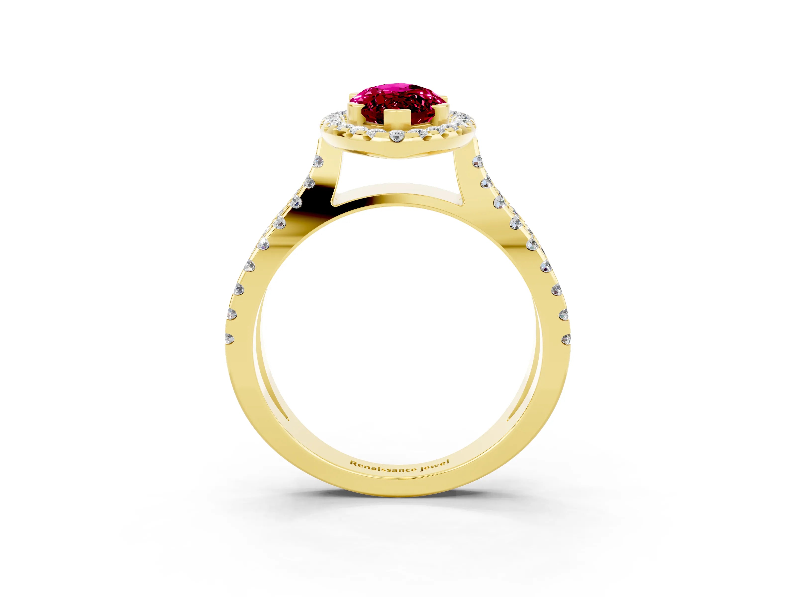 Yellow gold Marquise Cut Garnet Halo Ring with Split Shank Pavé Band and Prong Setting_3