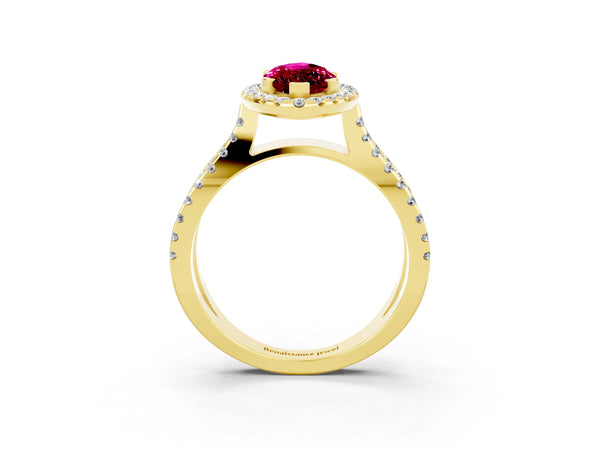 Yellow gold Marquise Cut Garnet Halo Ring with Split Shank Pavé Band and Prong Setting