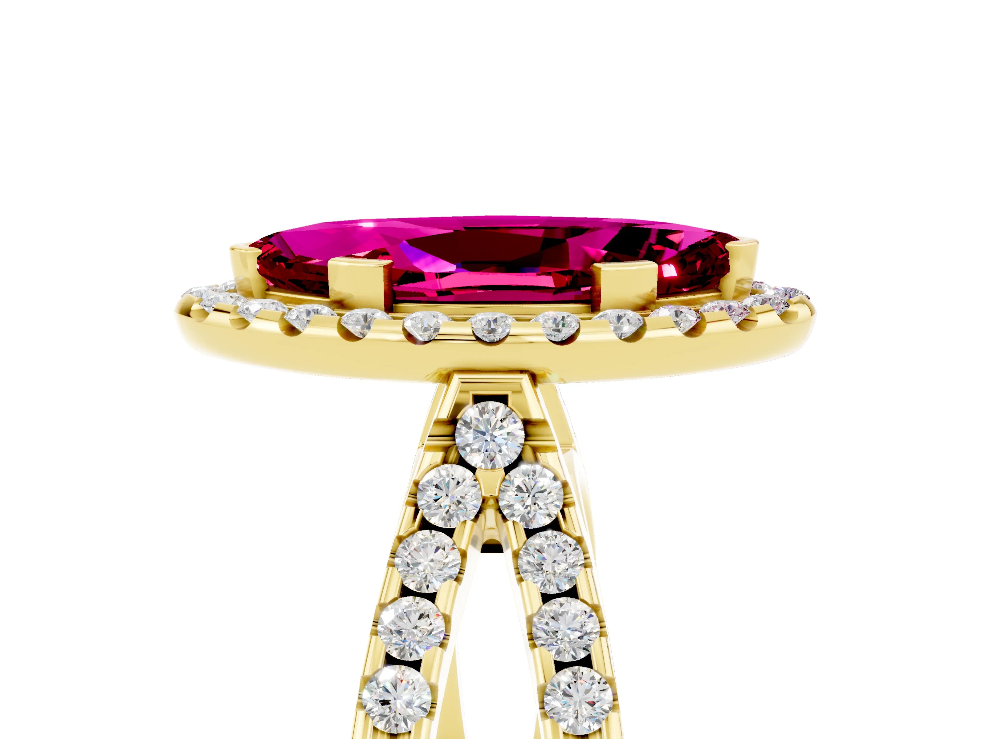 Yellow gold Marquise Cut Garnet Halo Ring with Split Shank Pavé Band and Prong Setting_5