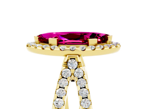 Yellow gold Marquise Cut Garnet Halo Ring with Split Shank Pavé Band and Prong Setting_5