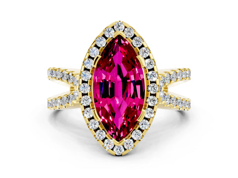 Yellow gold Marquise Cut Garnet Halo Ring with Split Shank Pavé Band and Prong Setting