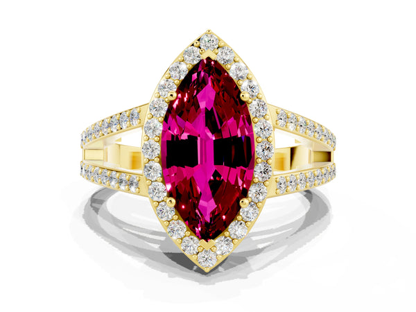 Yellow gold Marquise Cut Garnet Halo Ring with Split Shank U-Prong Band and Four-Prong Setting
