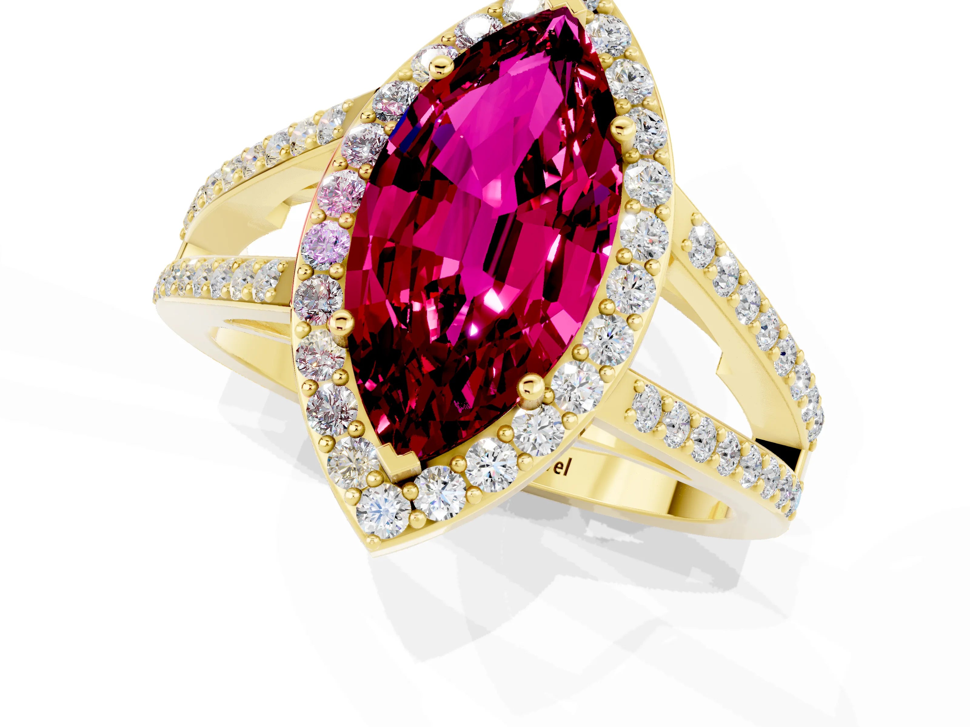 Yellow gold Marquise Cut Garnet Halo Ring with Split Shank U-Prong Band and Four-Prong Setting_1