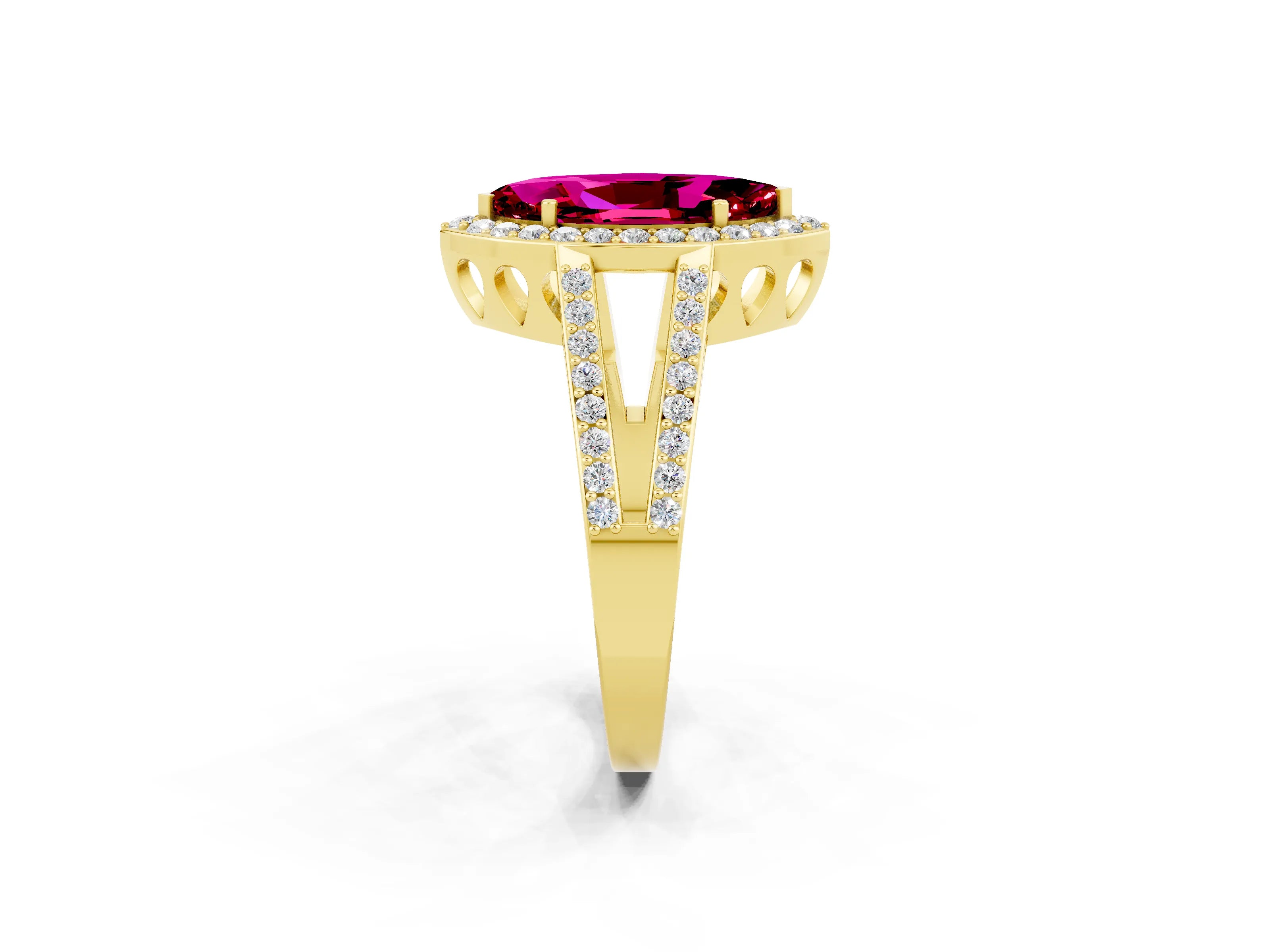 Yellow gold Marquise Cut Garnet Halo Ring with Split Shank U-Prong Band and Four-Prong Setting_2