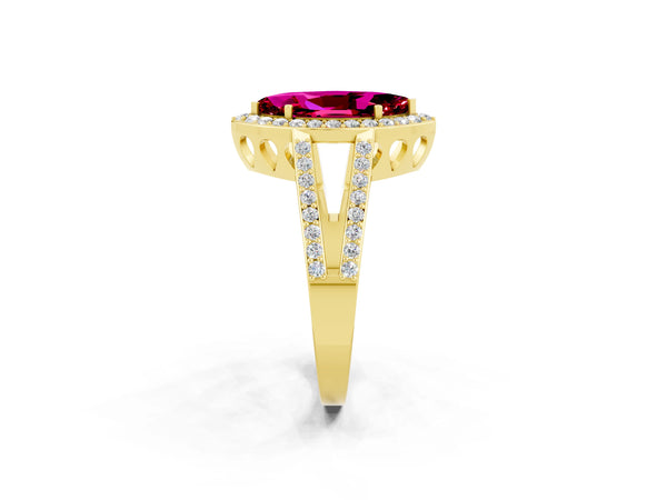 Yellow gold Marquise Cut Garnet Halo Ring with Split Shank U-Prong Band and Four-Prong Setting