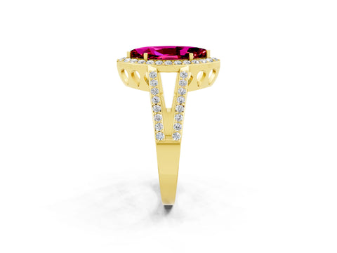 Yellow gold Marquise Cut Garnet Halo Ring with Split Shank U-Prong Band and Four-Prong Setting_2