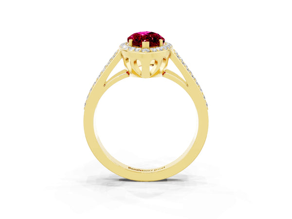 Yellow gold Marquise Cut Garnet Halo Ring with Split Shank U-Prong Band and Four-Prong Setting