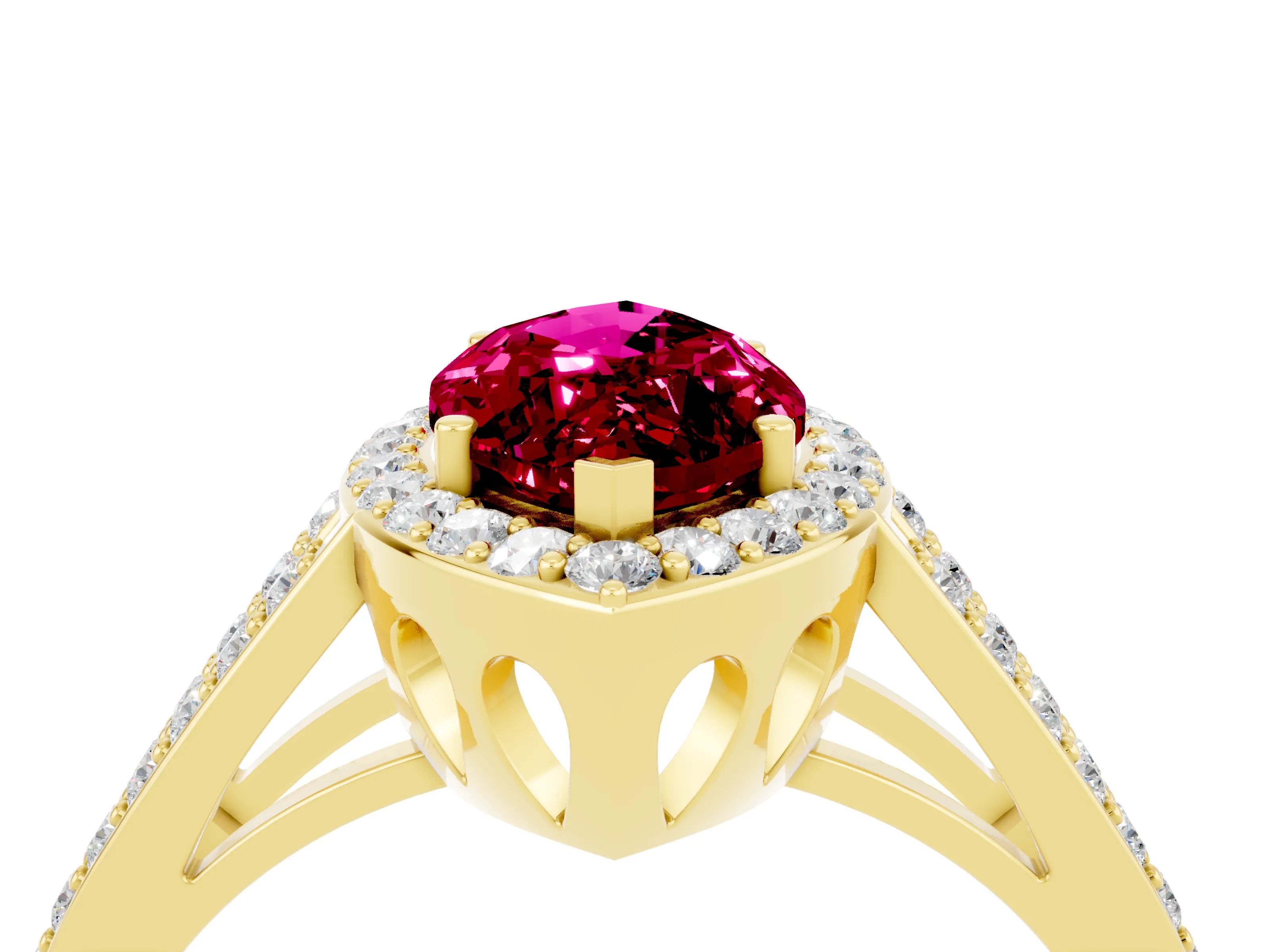 Yellow gold Marquise Cut Garnet Halo Ring with Split Shank U-Prong Band and Four-Prong Setting_4