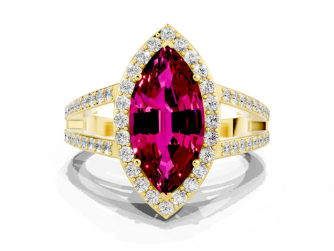 Yellow gold Marquise Cut Garnet Halo Ring with Split Shank U-Prong Band and Four-Prong Setting