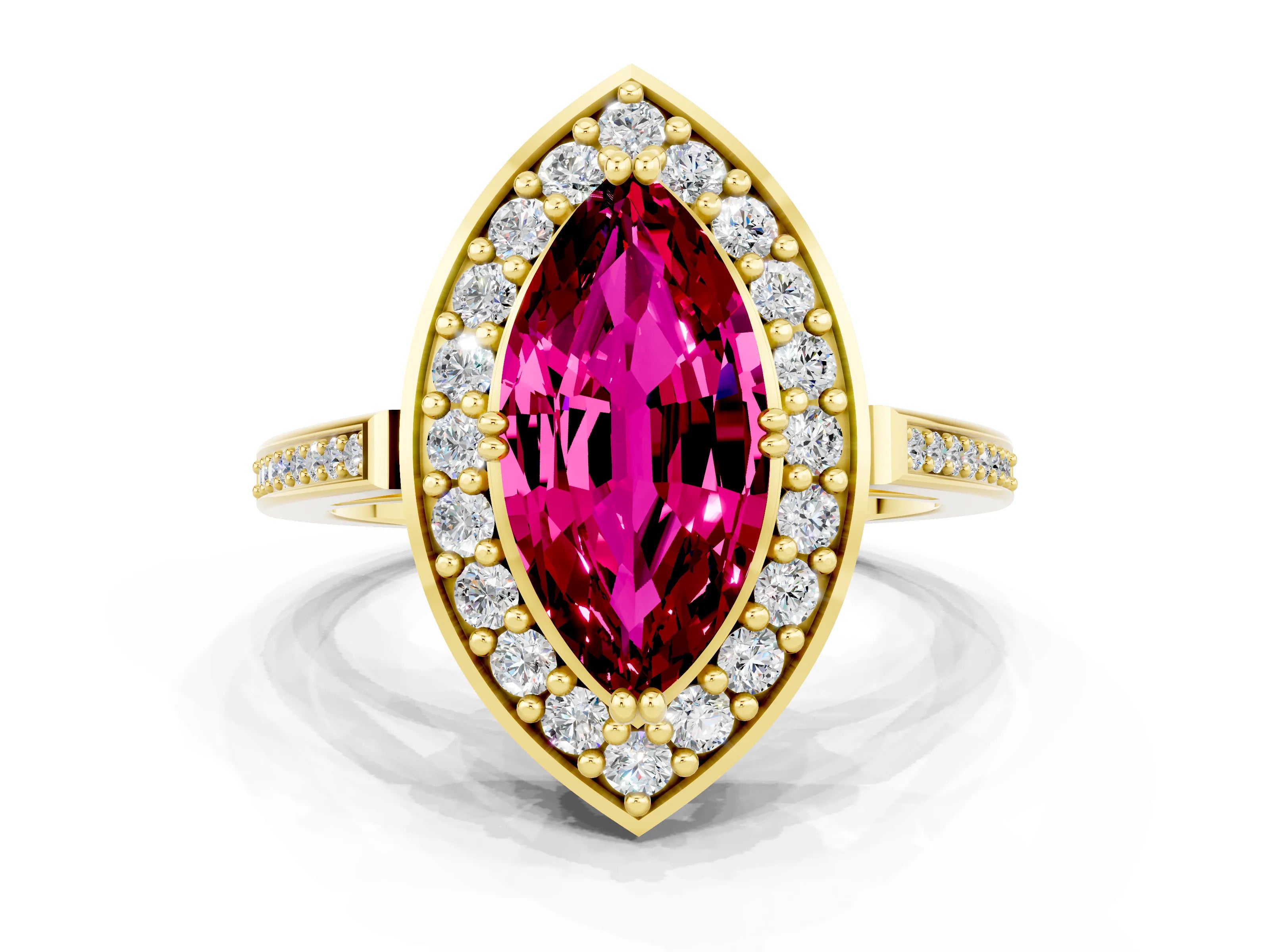 Yellow gold Marquise Cut Garnet Halo Ring with Split Shank and Four-Prong Setting