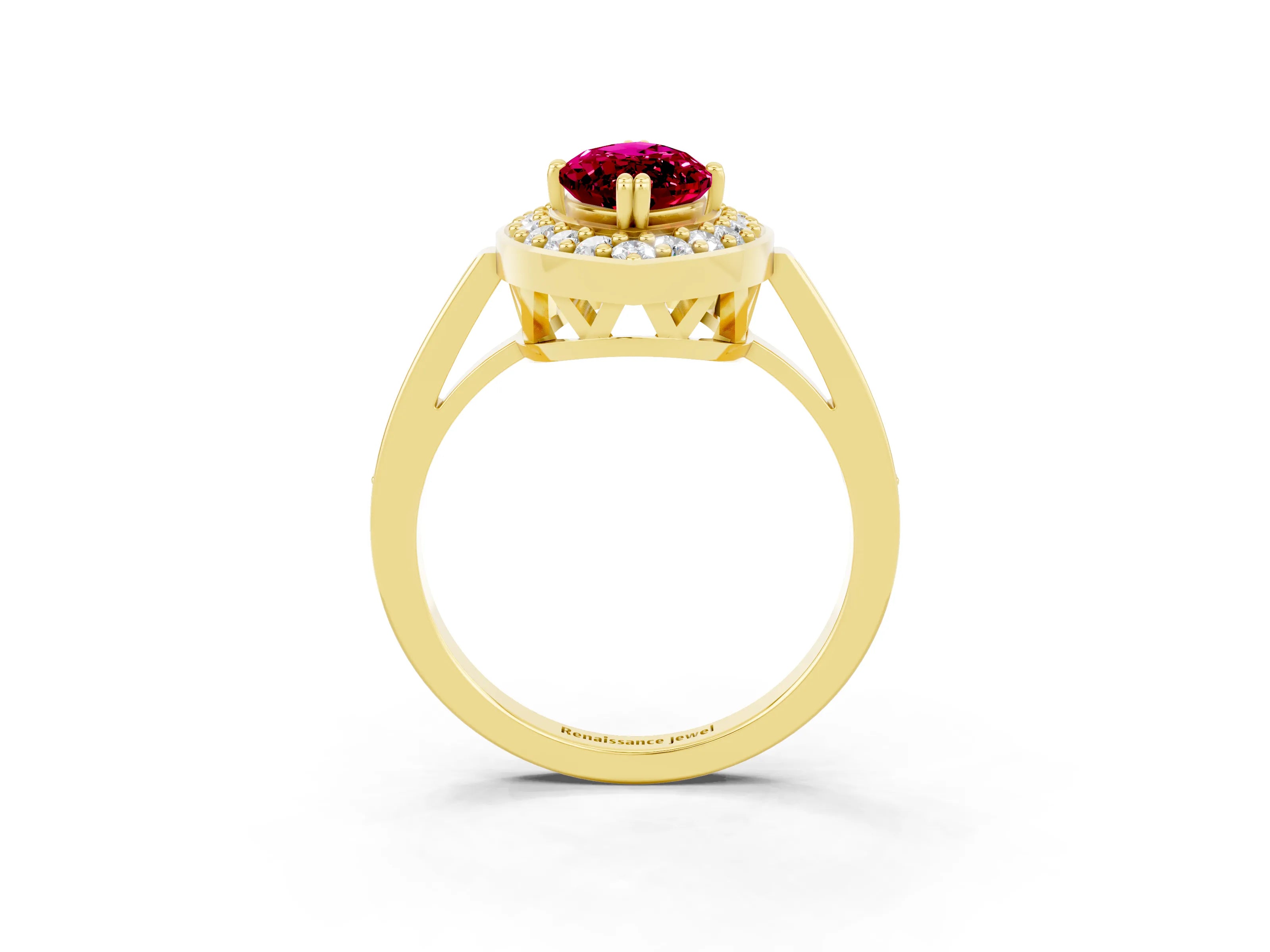 Yellow gold Marquise Cut Garnet Halo Ring with Split Shank and Four-Prong Setting_3