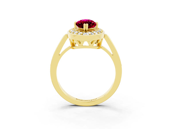 Yellow gold Marquise Cut Garnet Halo Ring with Split Shank and Four-Prong Setting