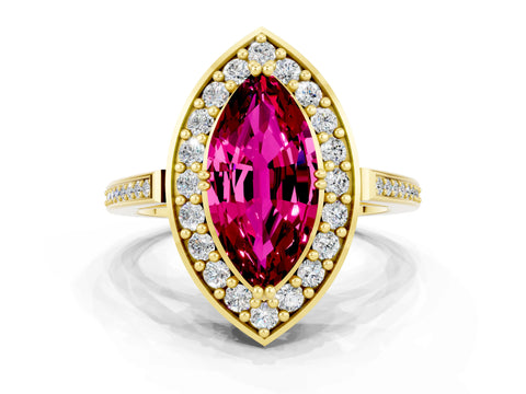 Yellow gold Marquise Cut Garnet Halo Ring with Split Shank and Four-Prong Setting