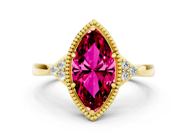 Yellow gold Marquise Cut Garnet Halo Ring with Tapered Band and Four-Prong Setting