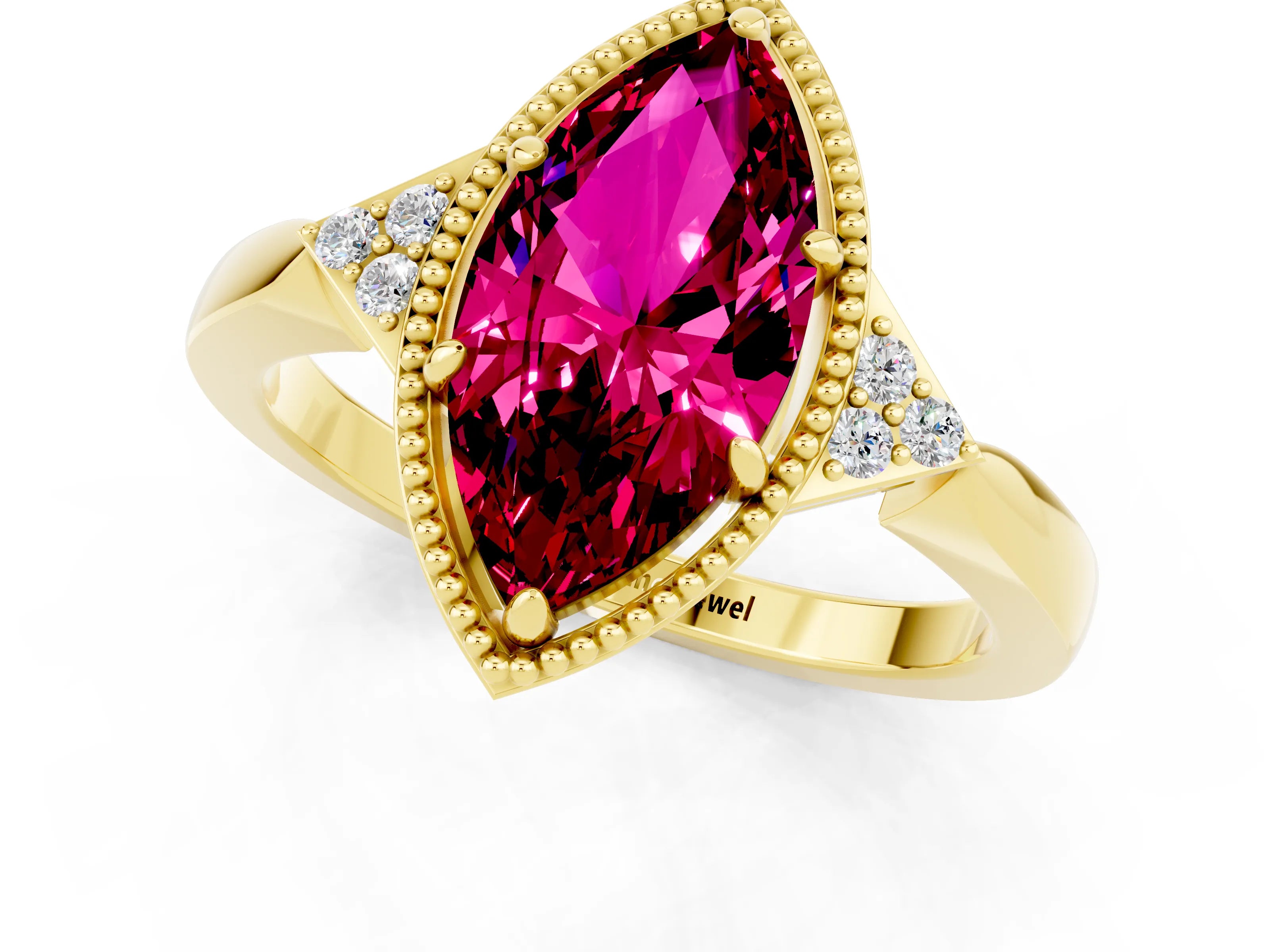 Yellow gold Marquise Cut Garnet Halo Ring with Tapered Band and Four-Prong Setting_1