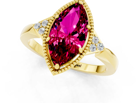 Yellow gold Marquise Cut Garnet Halo Ring with Tapered Band and Four-Prong Setting_1