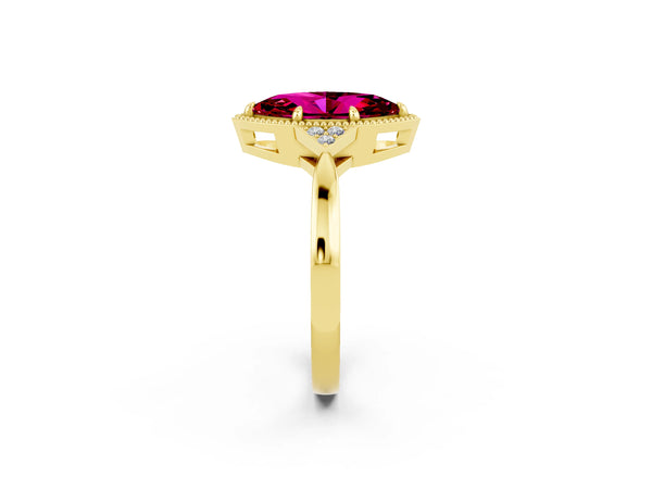 Yellow gold Marquise Cut Garnet Halo Ring with Tapered Band and Four-Prong Setting