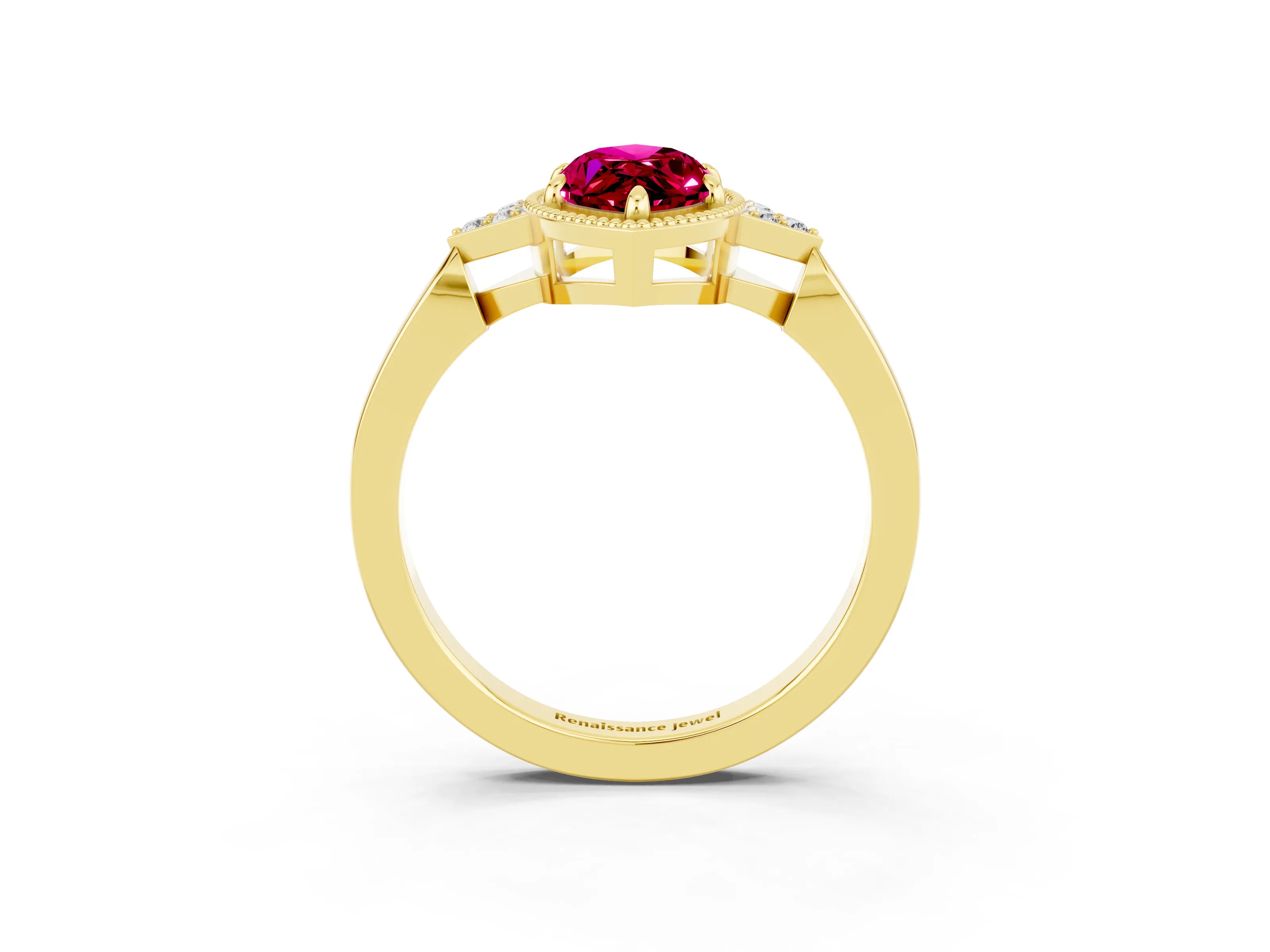 Yellow gold Marquise Cut Garnet Halo Ring with Tapered Band and Four-Prong Setting_3